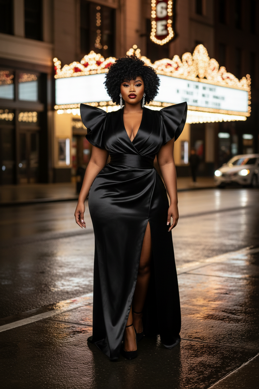 Black model in black ruffle dress on a theater street