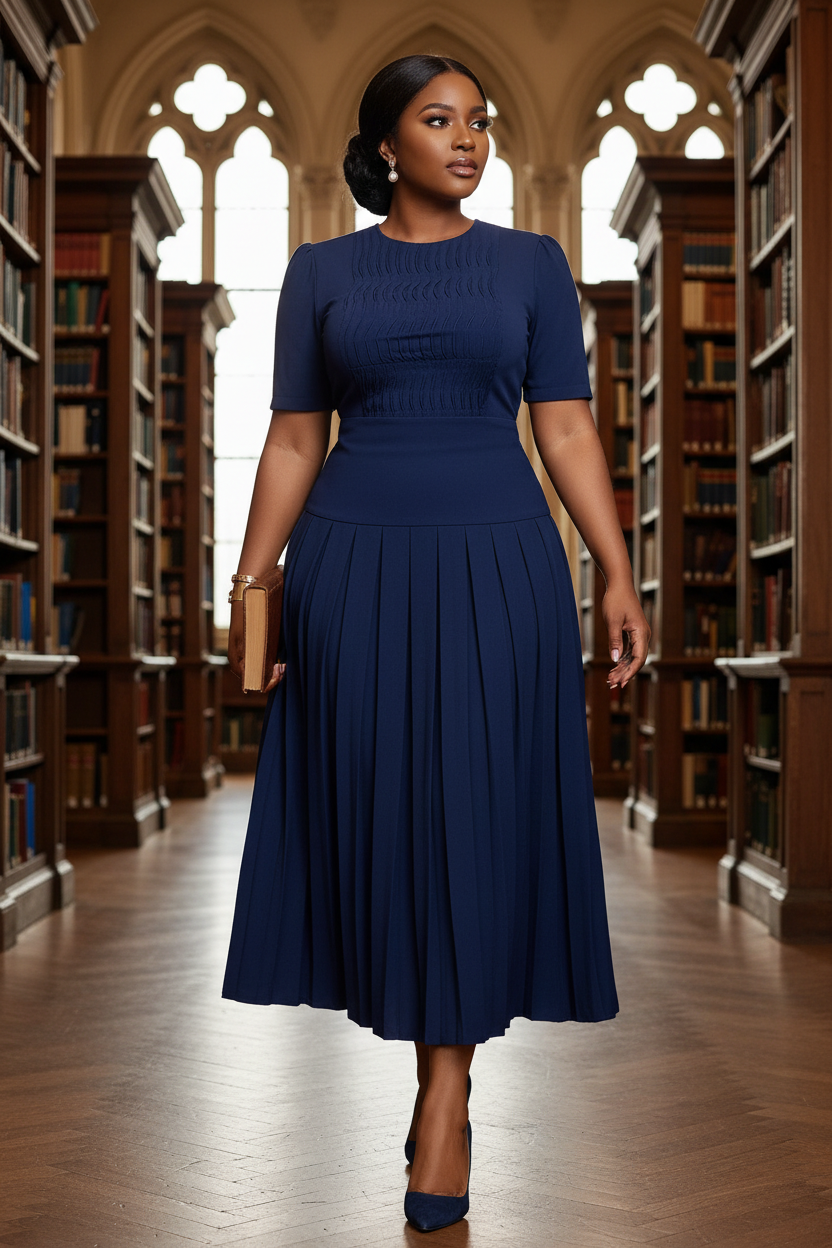 Black model in navy pleated set in a grand library