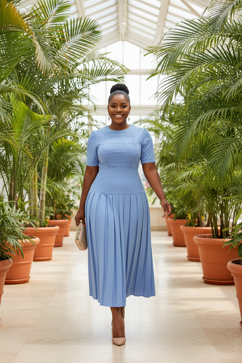 Black model in powder-blue pleated set in a conservatory