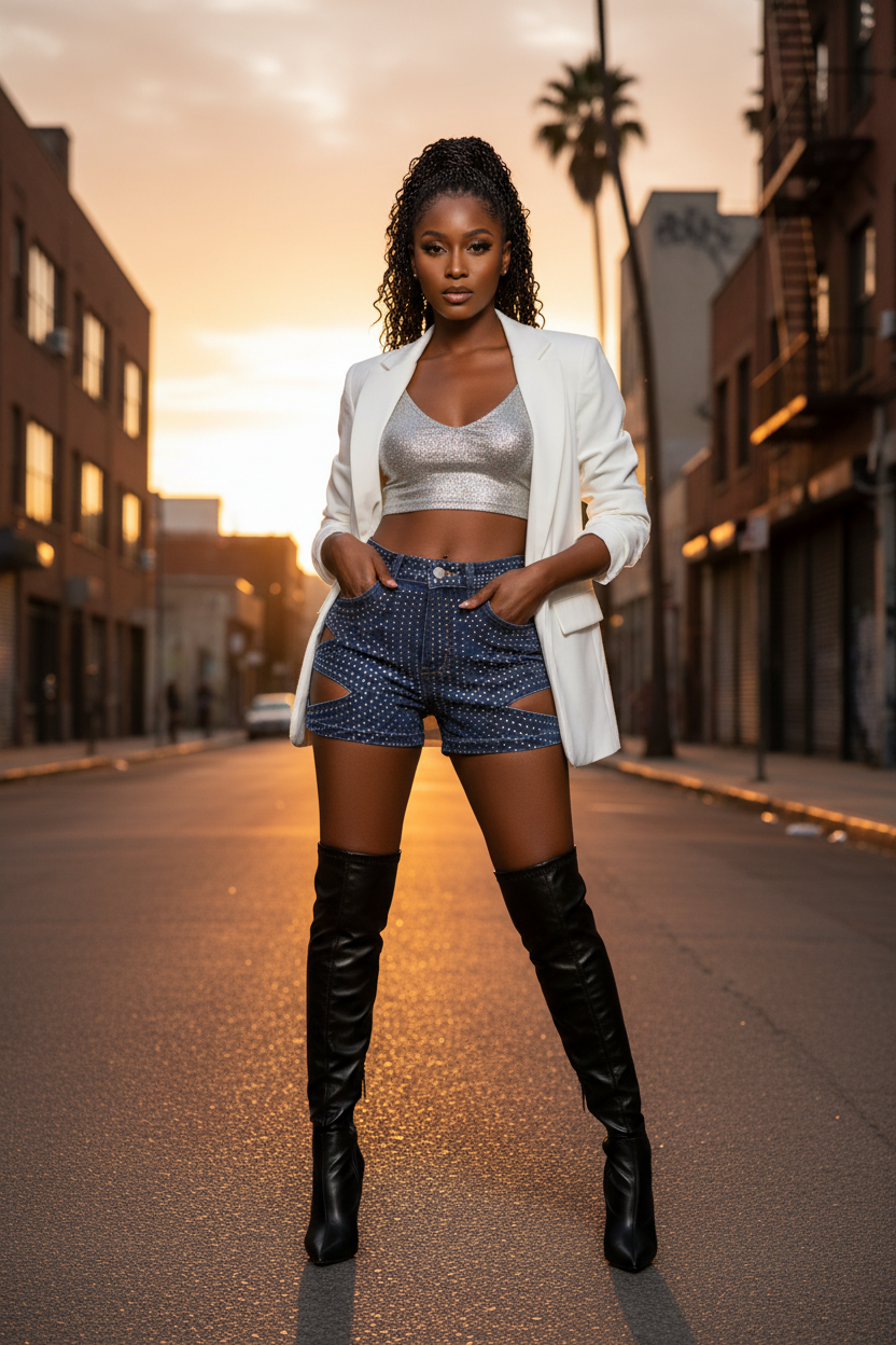 Black model in rhinestone denim shorts