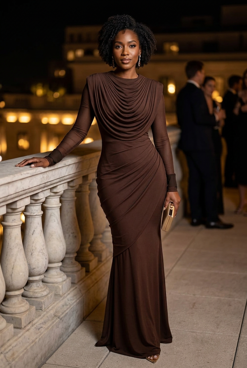Black model in the chocolate-brown gown with gold heels at a rooftop reception