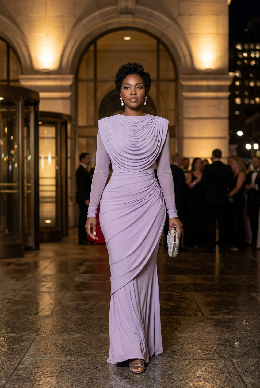 Black model in the lavender gown with silver heels at an opera reception