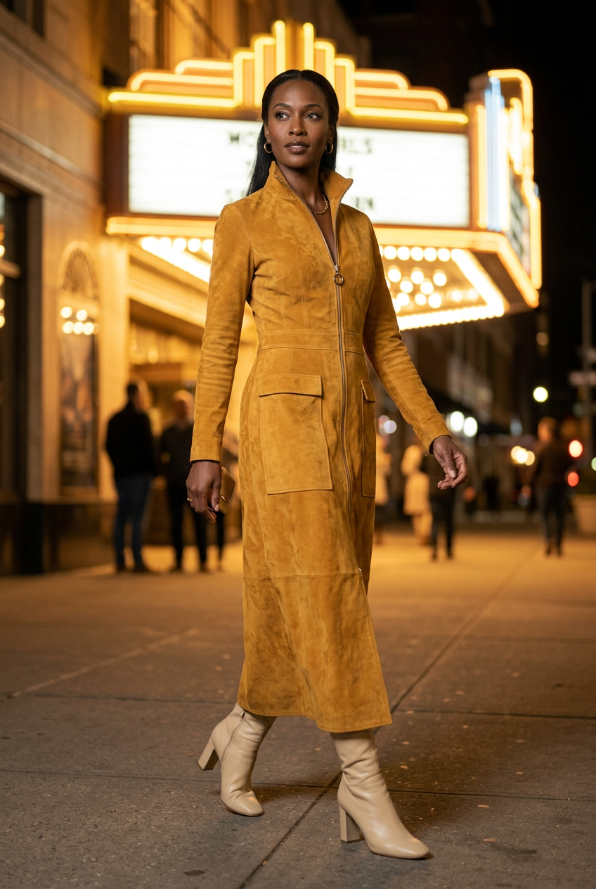 Black model in the mustard suede dress with cream ankle boots outside an art-deco cinema