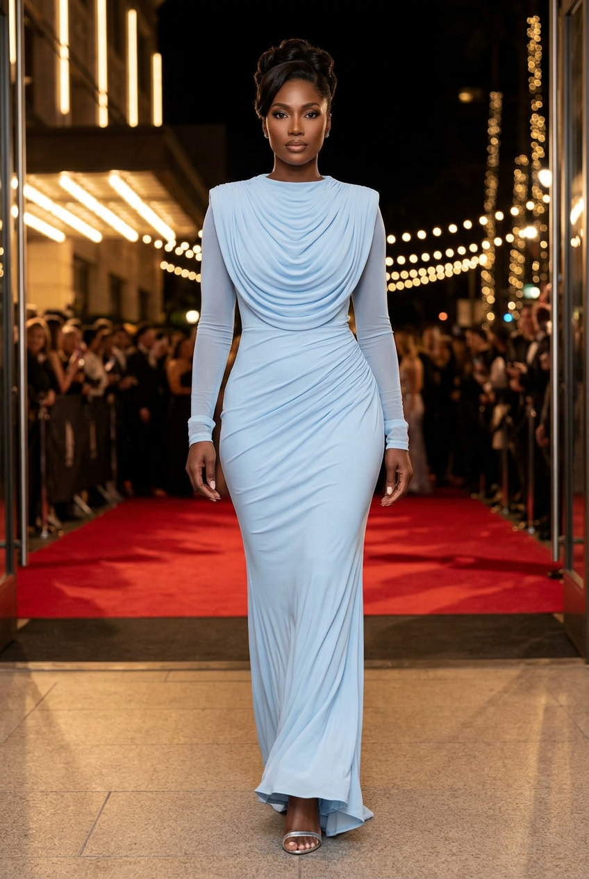 Black model in the powder-blue gown with silver heels at a gala entrance