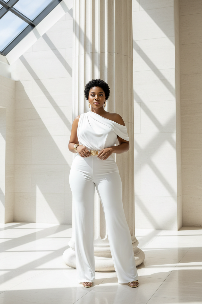 Black model in white jumpsuit in a museum atrium