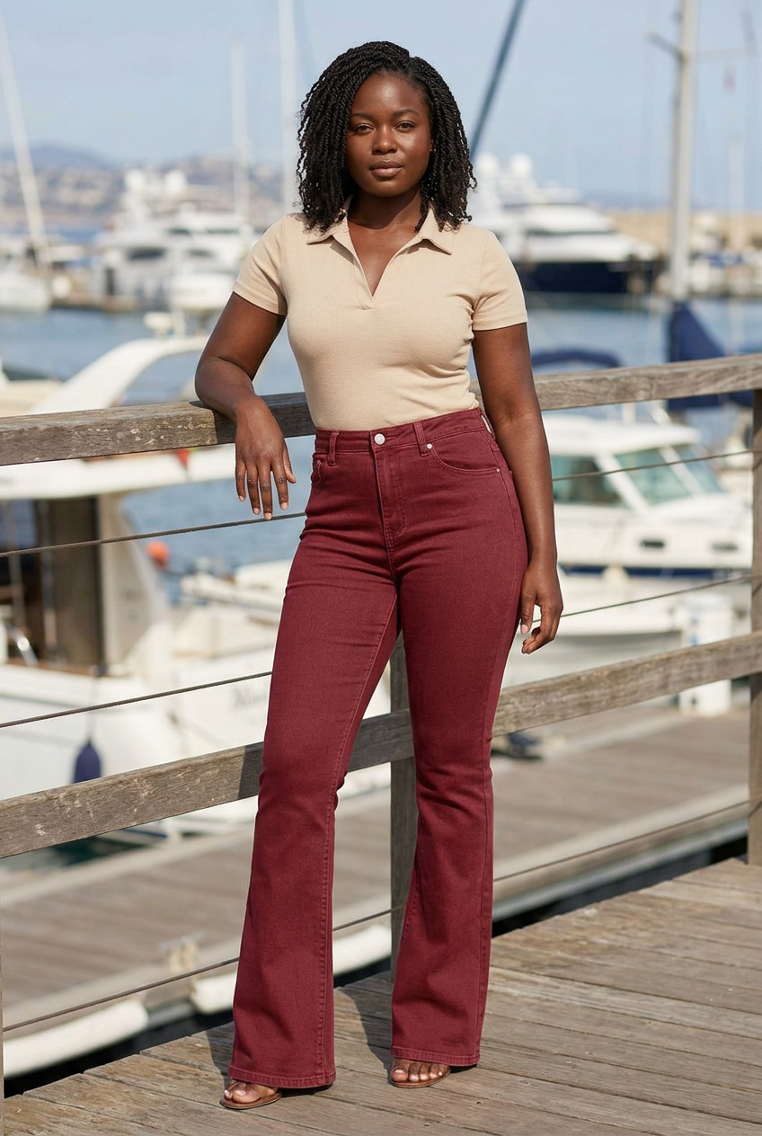 Black model leaning against a harbor boardwalk railing