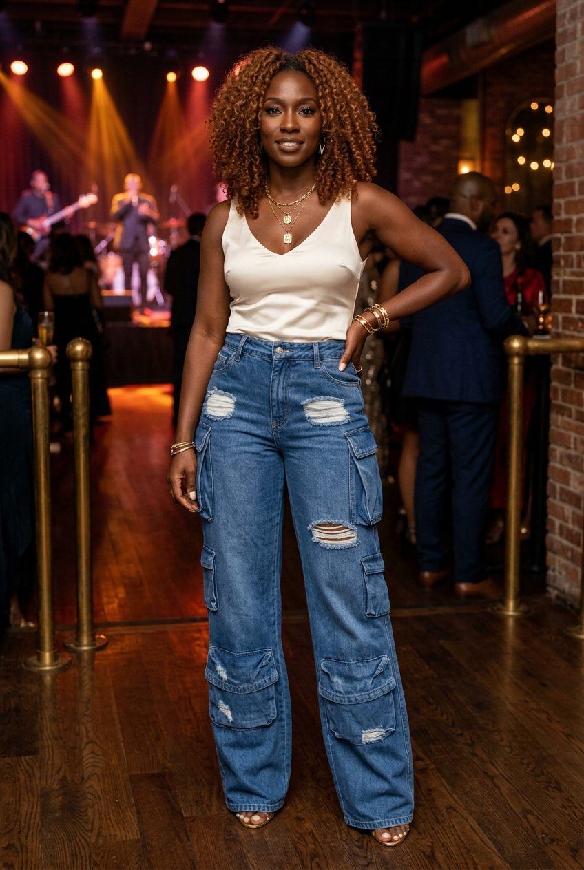 Black model posing at a live-music party in blue cargo jeans and gold heels