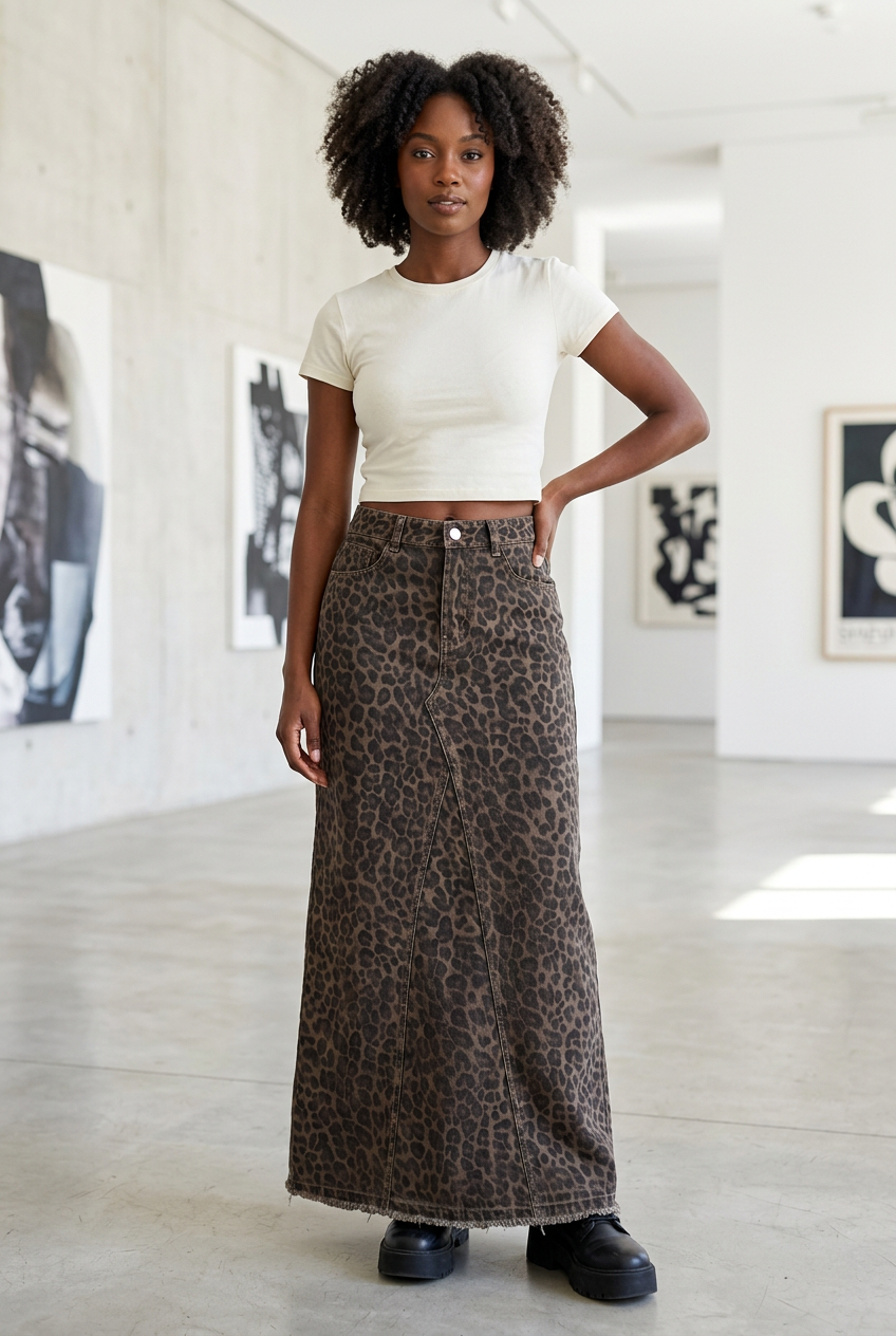 Black model posing in a bright art gallery