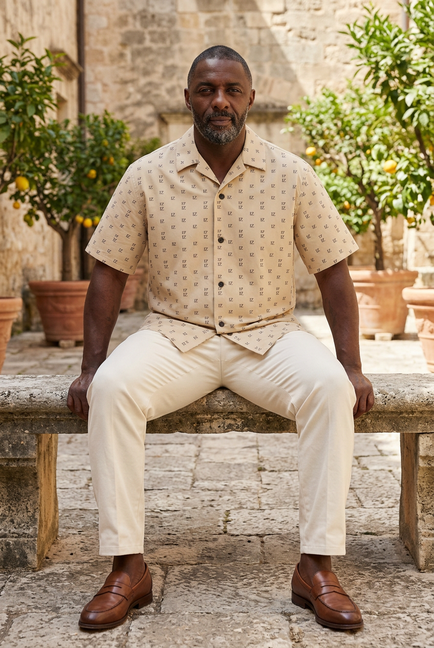 Black model seated in a citrus courtyard