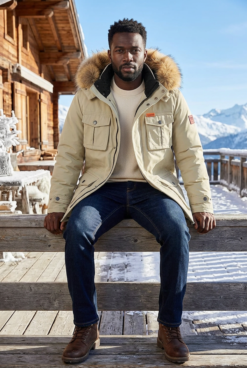 Black model seated on a chalet terrace with the hood down
