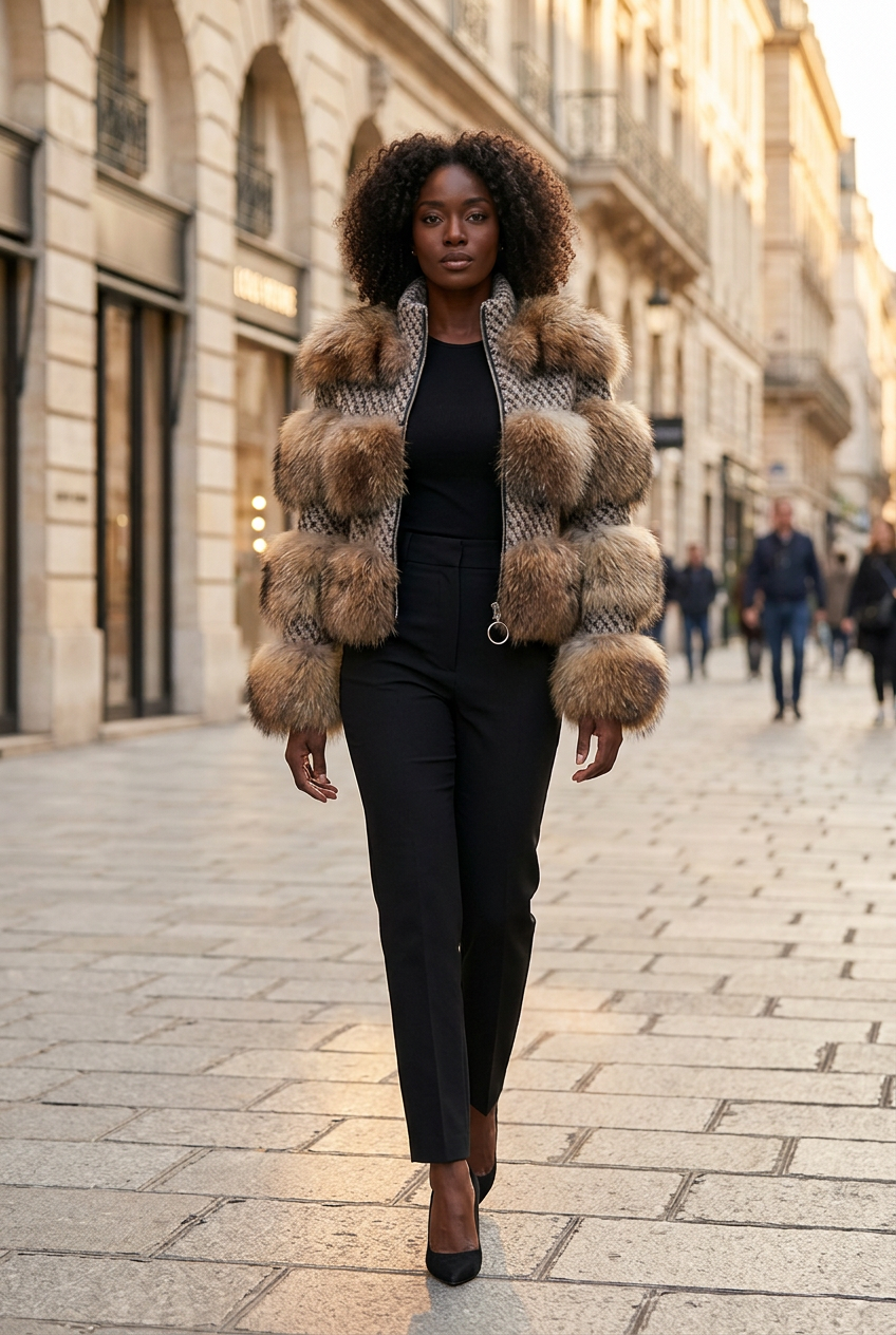 Black model walking on a city avenue
