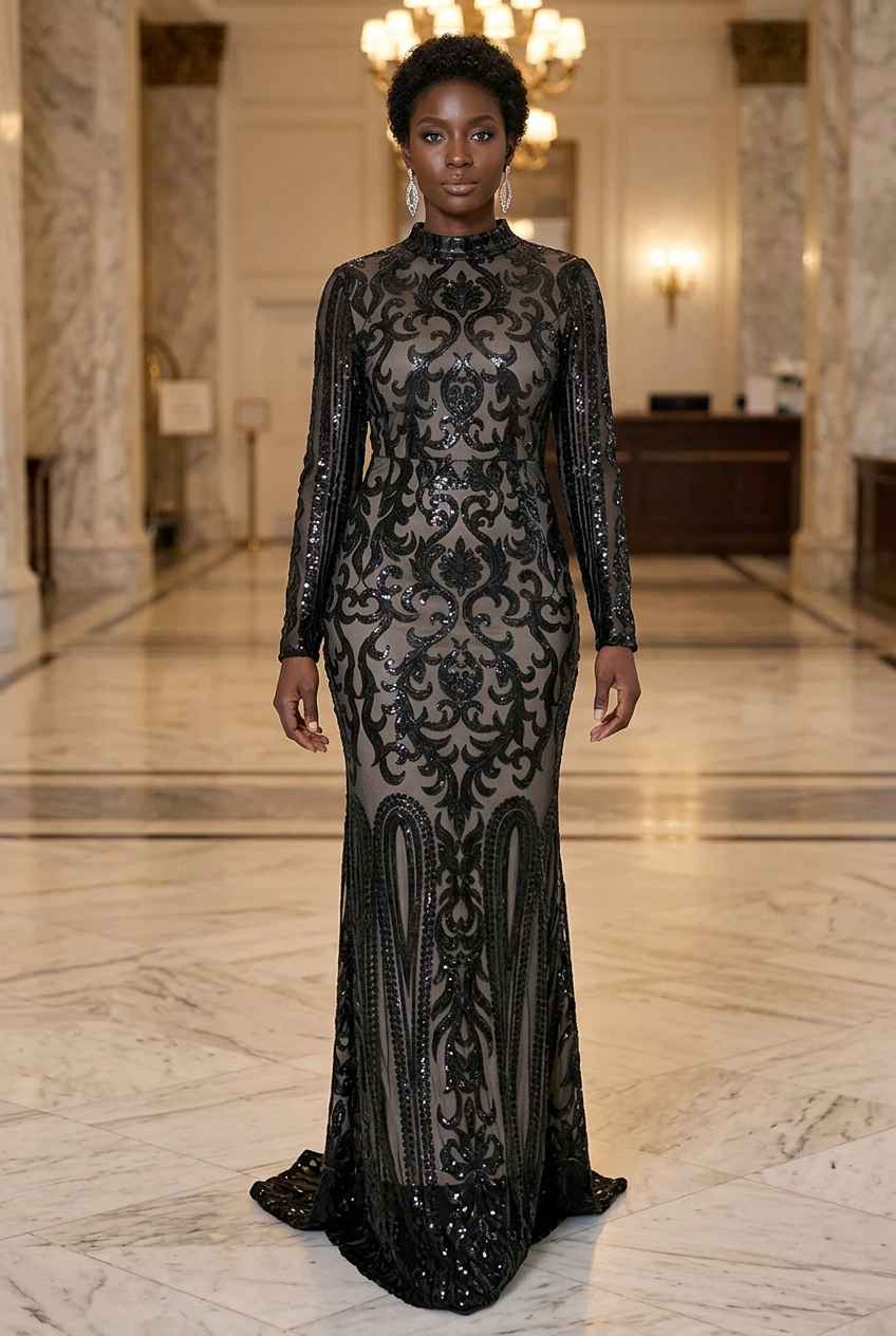 Black model walking through a grand marble hotel lobby