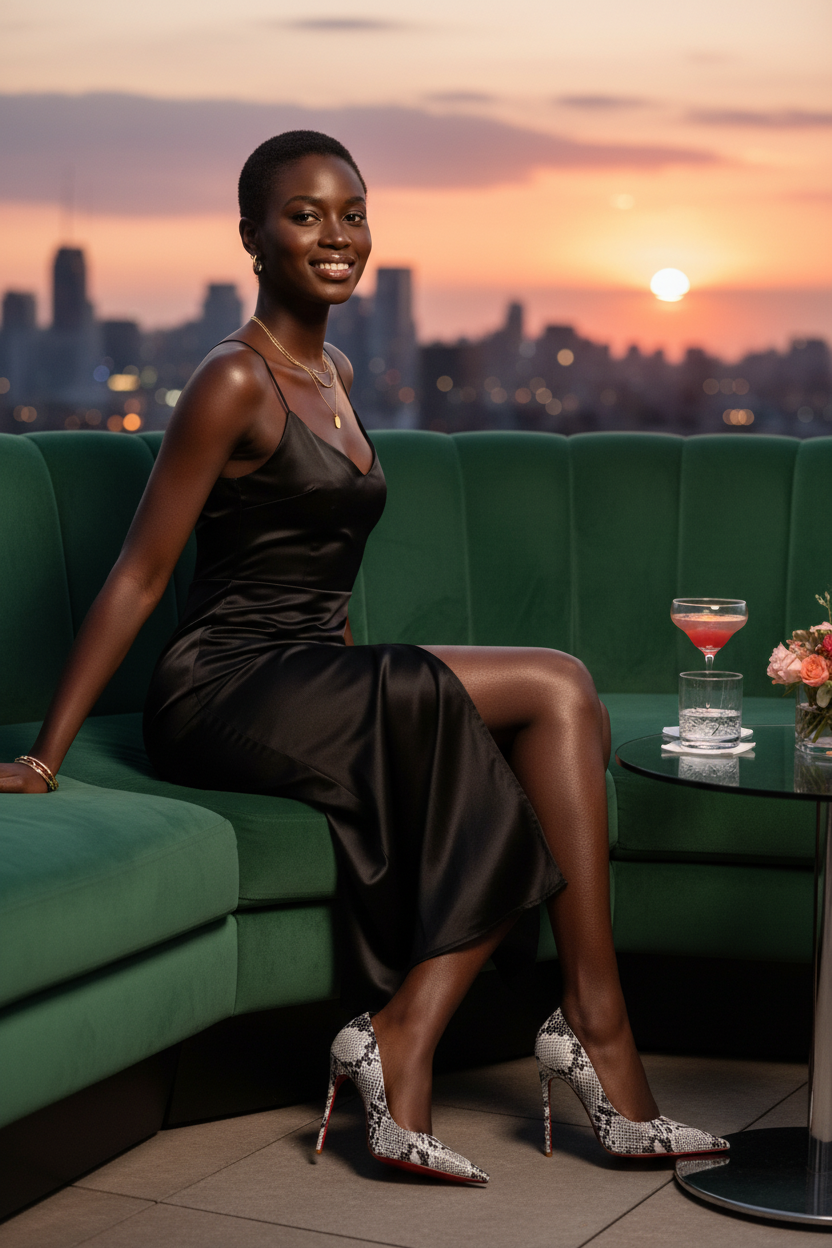 Black model wearing snakeskin pumps at a rooftop lounge