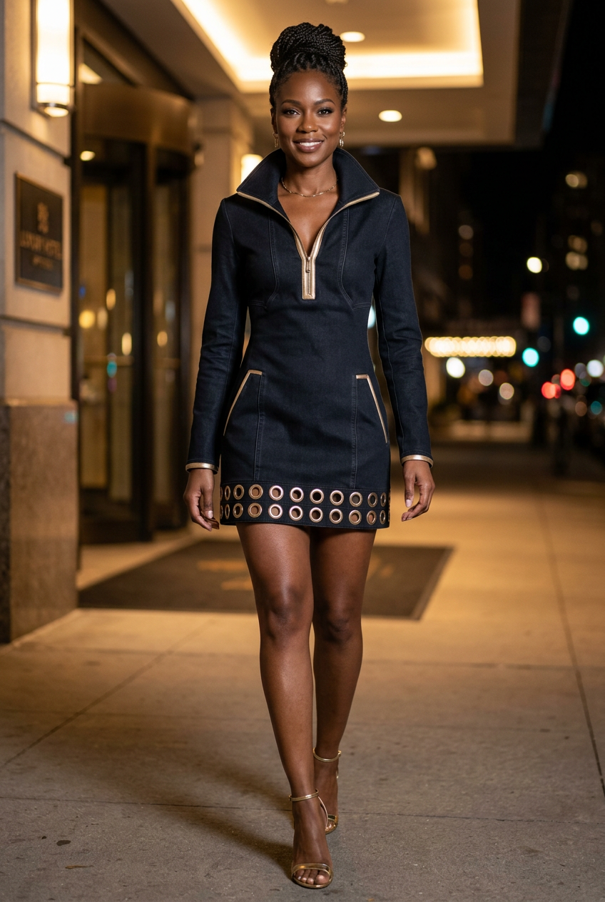 Black model wearing the denim mini dress with gold heels outside a luxury hotel