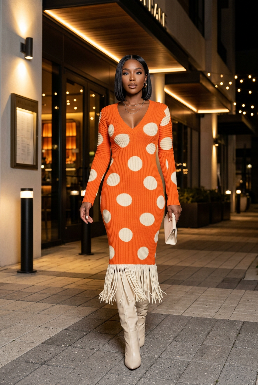 Black model wearing the polka-dot sweater dress with cream boots outside a restaurant