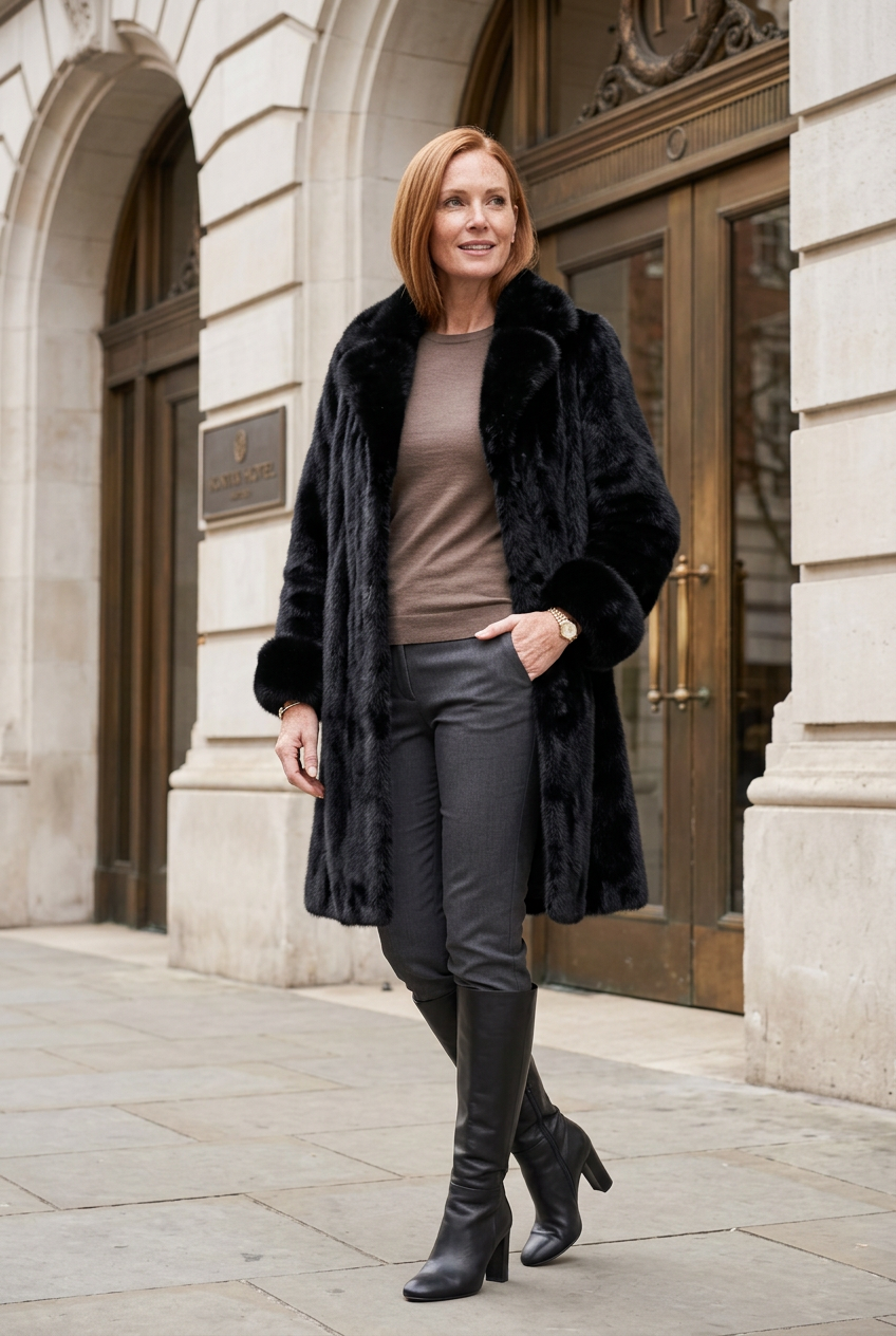 Black plush coat styled outside a historic city hotel