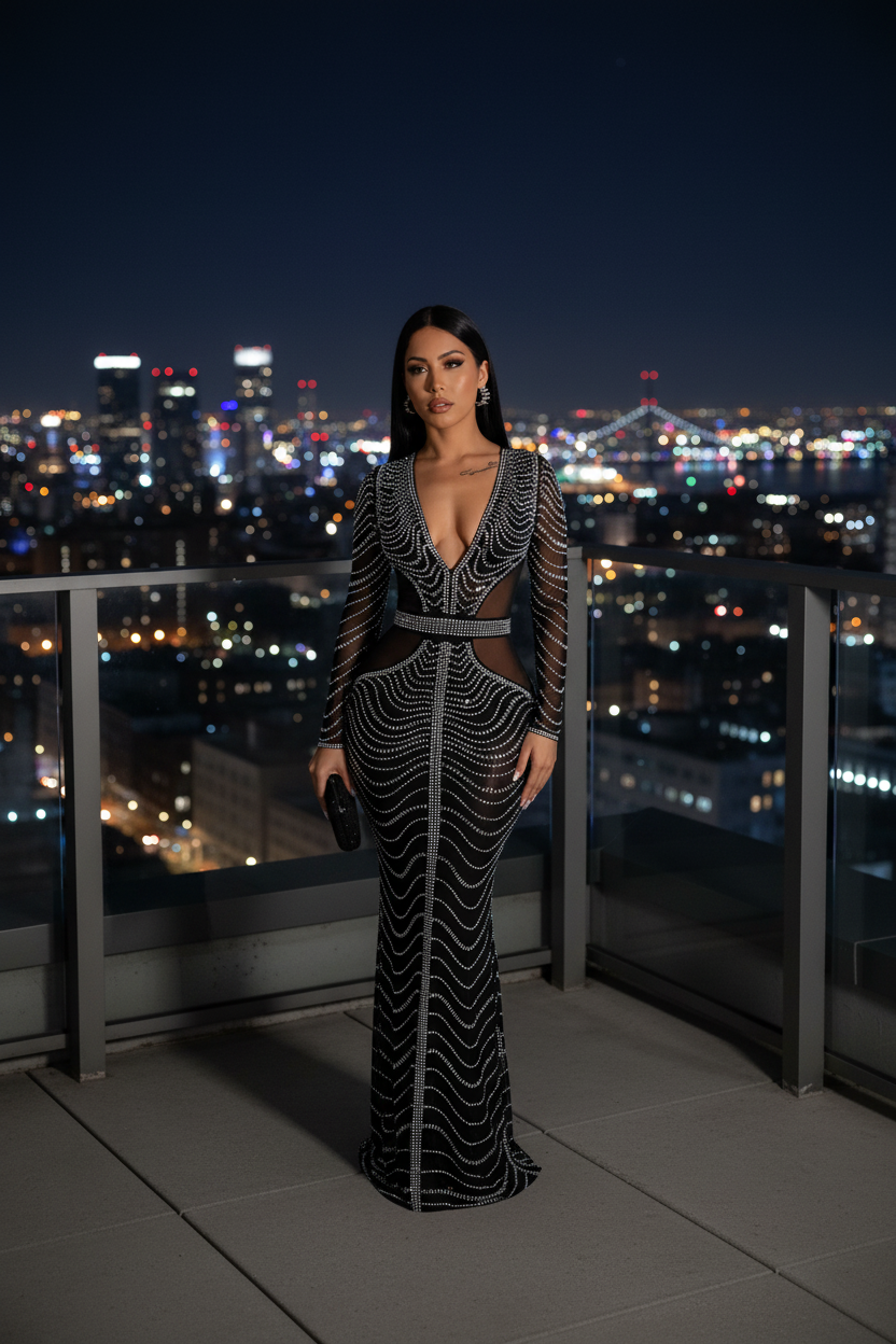 Black Rhinestone Gown - Rooftop