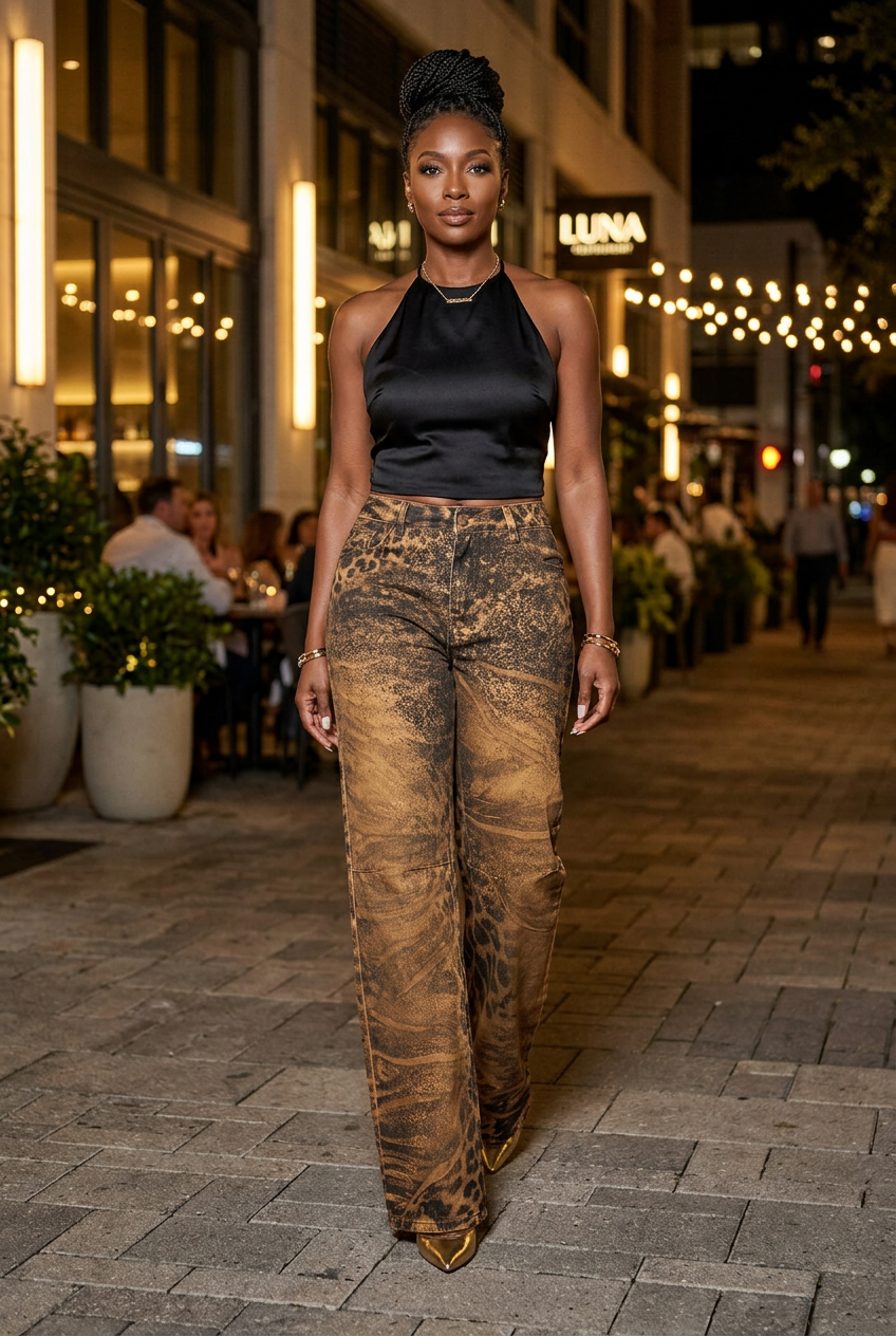 Black satin halter and gold heels outside a restaurant