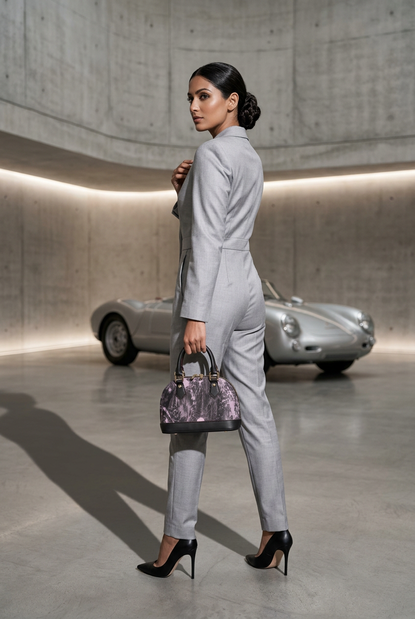 Black-trim charcoal-lilac mini handbag in an automotive pavilion