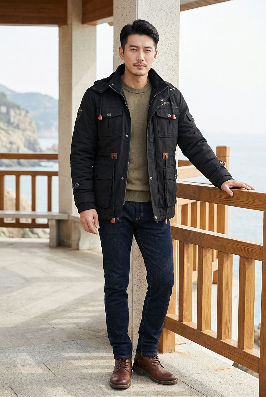 Black utility jacket styled at a coastal observation pavilion