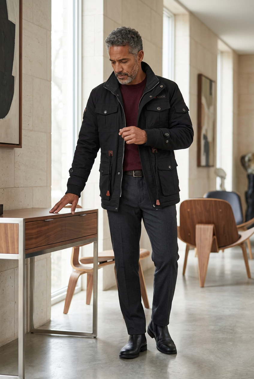 Black utility jacket styled in a contemporary furniture gallery