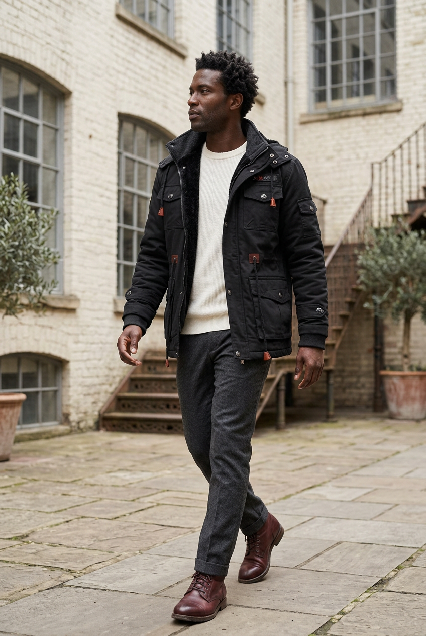 Black utility jacket styled in a converted mill courtyard