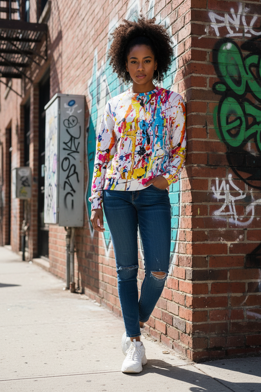 Black woman in paint splatter sweatshirt, urban setting