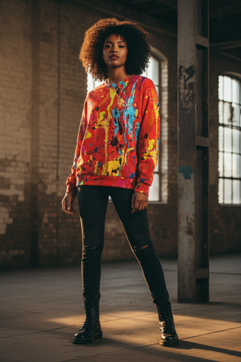Black woman in red paint splatter sweatshirt, industrial warehouse setting