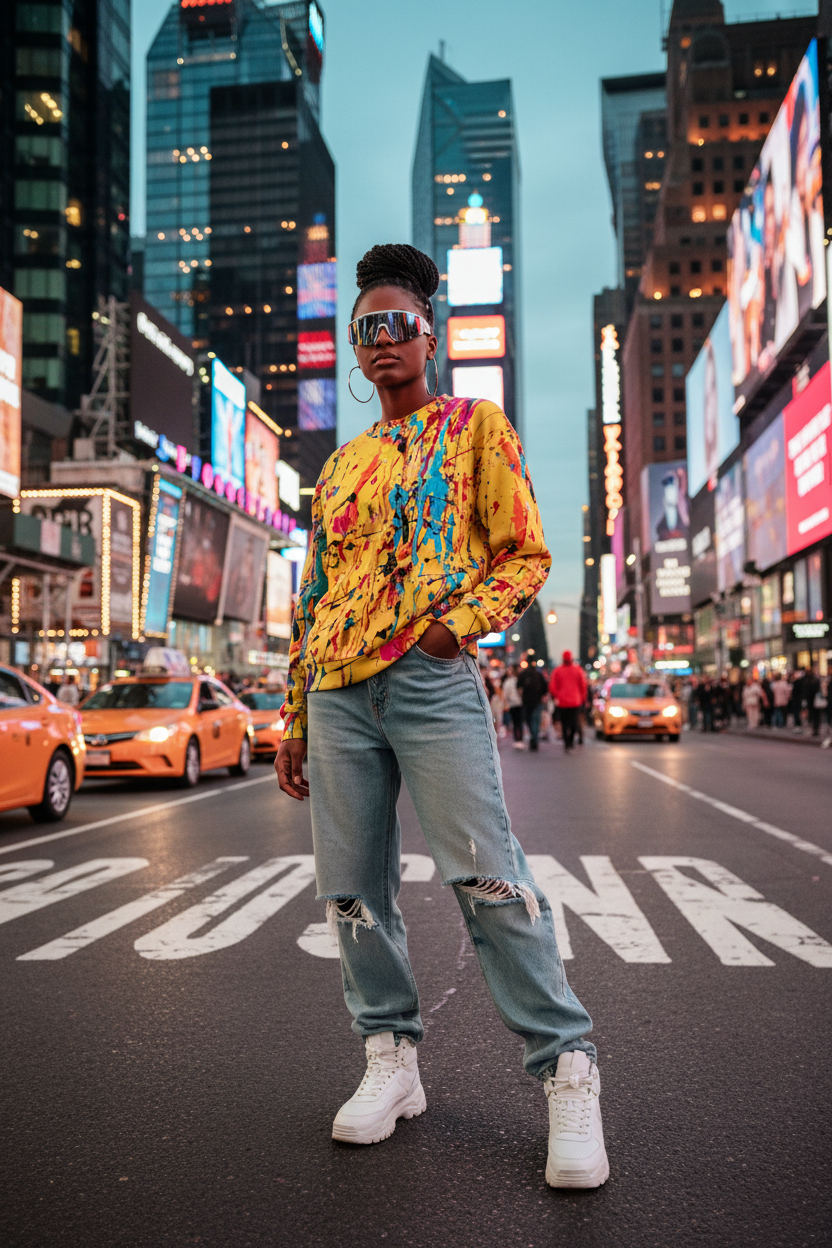 Black woman in yellow paint splatter sweatshirt, Times Square setting