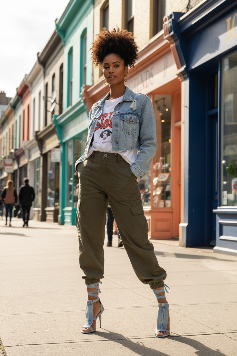 Black woman wearing denim lace-up wrap stiletto sandals on city sidewalk