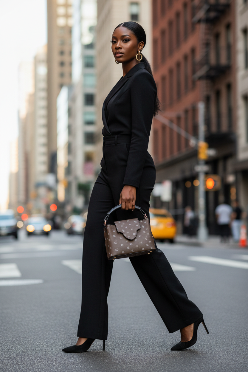 Black woman with brown FZ monogram handbag, city background