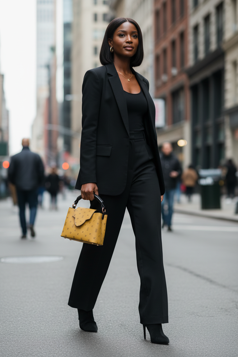 Black woman with mustard FZ monogram handbag, city background