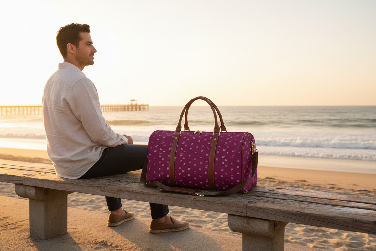 Boardwalk bench with duffel