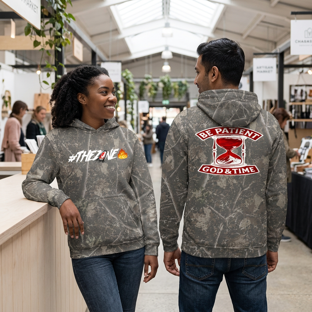 Branch-camo hoodie lifestyle image with woman showing the front and man showing the back in an indoor market