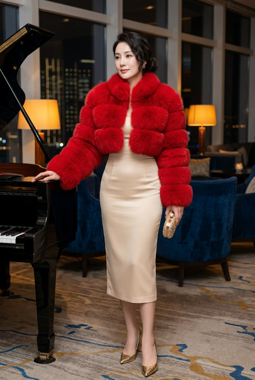 Bright-red cropped fur coat in a piano lounge