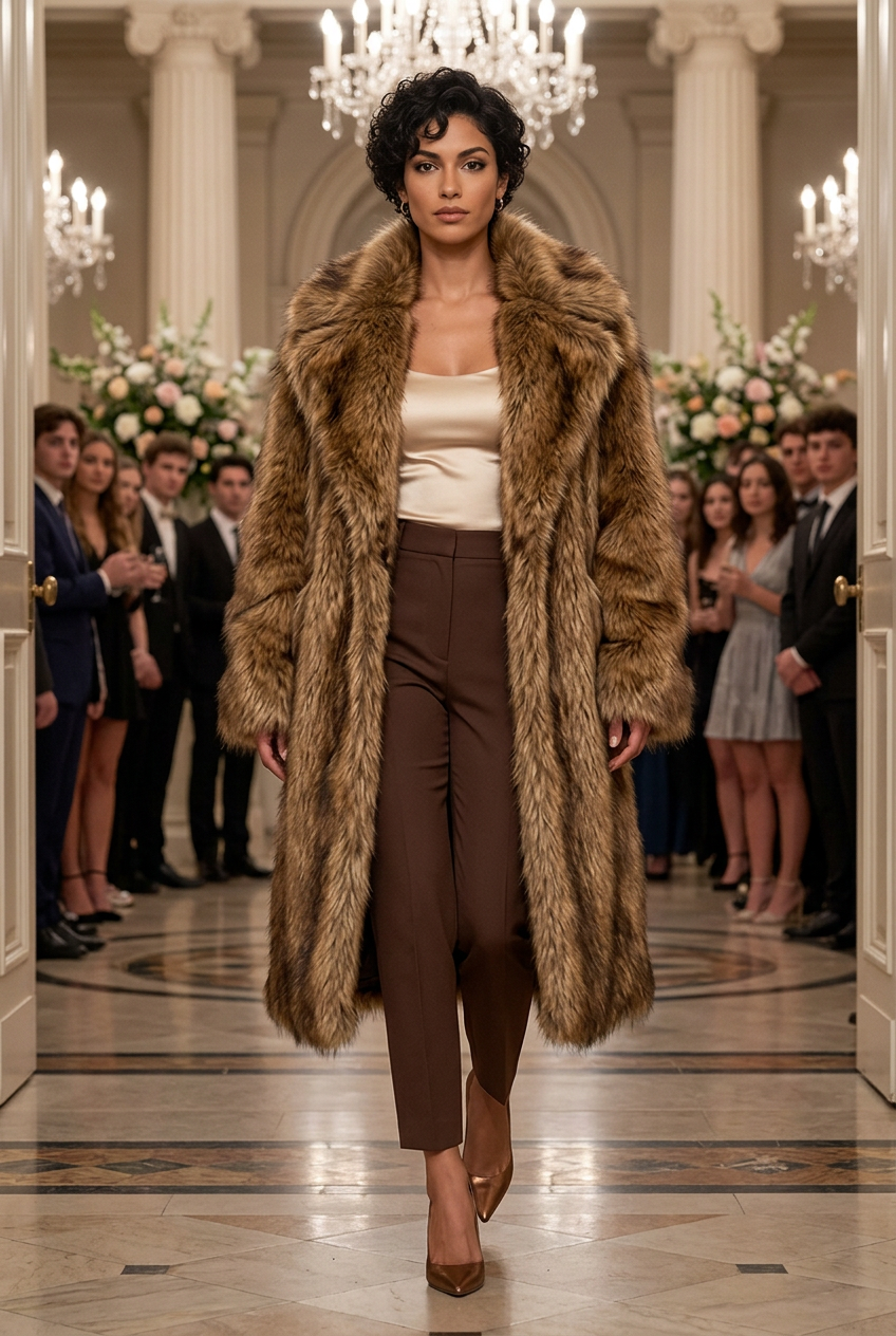 Brown fur coat at a ballroom entrance