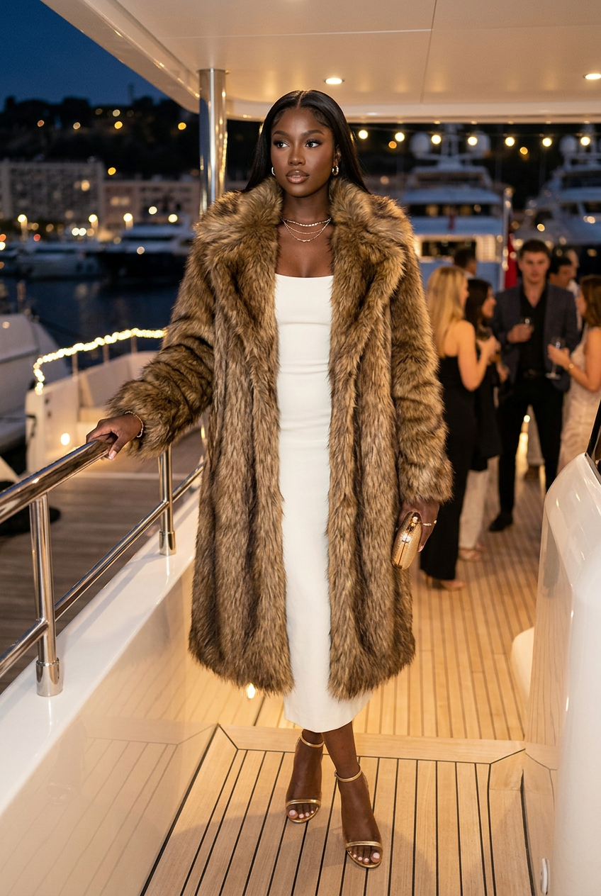 Brown fur coat at a yacht reception