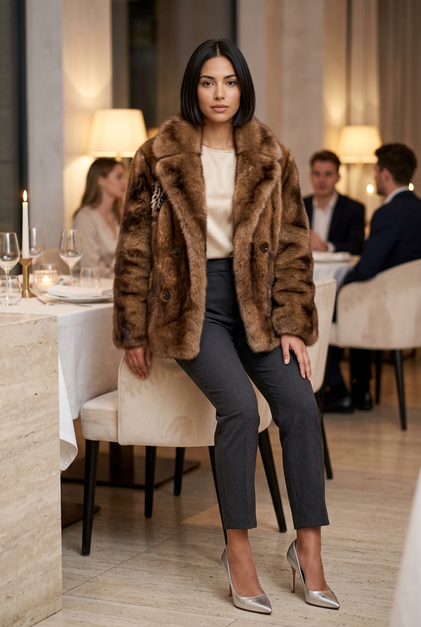 Brown fur jacket at a candlelit dinner