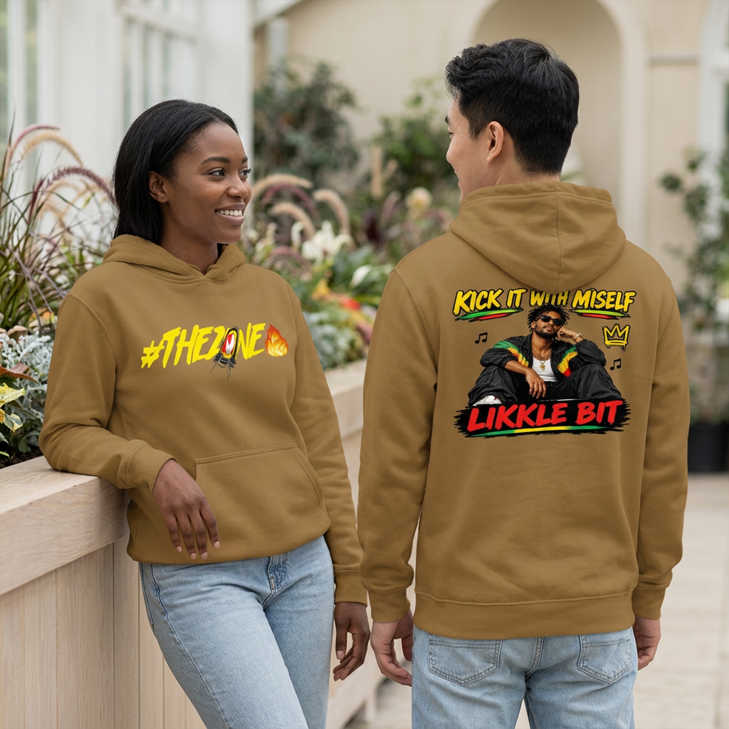 Brown hoodie lifestyle image with woman showing the front and man showing the back in a garden pavilion