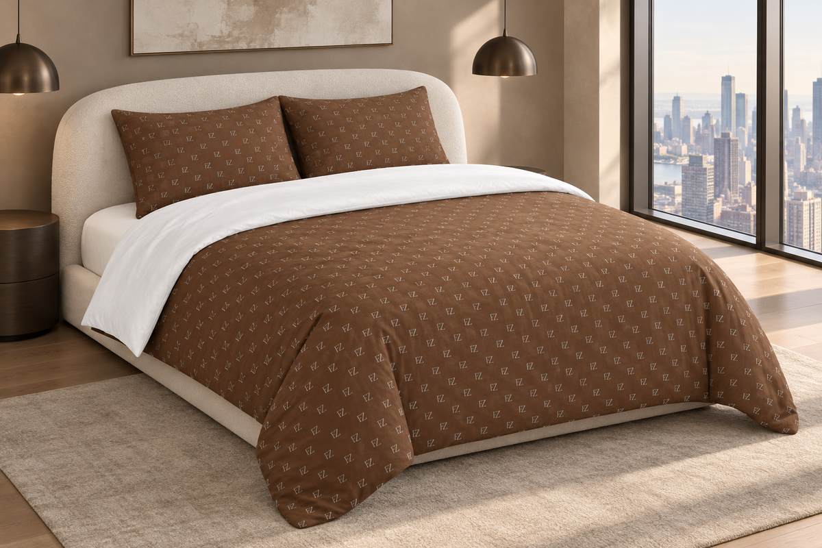 Brown monogram bedding in a Spanish courtyard bedroom