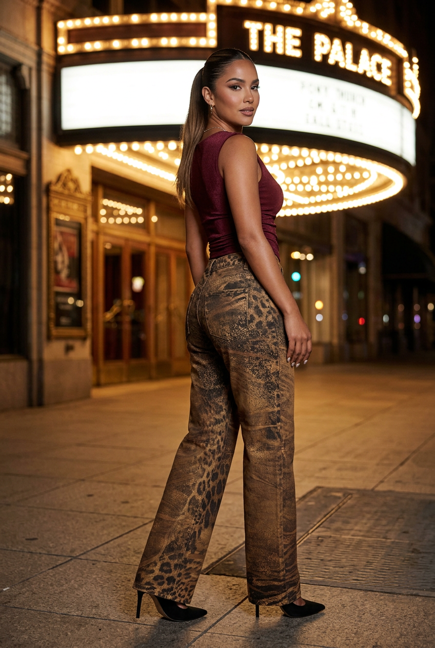 Burgundy evening top and black pumps outside a theater