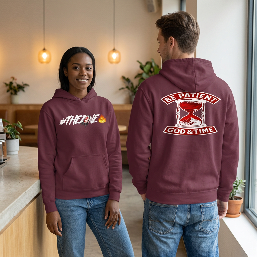 Burgundy hoodie lifestyle image with woman showing the front and man showing the back in a café