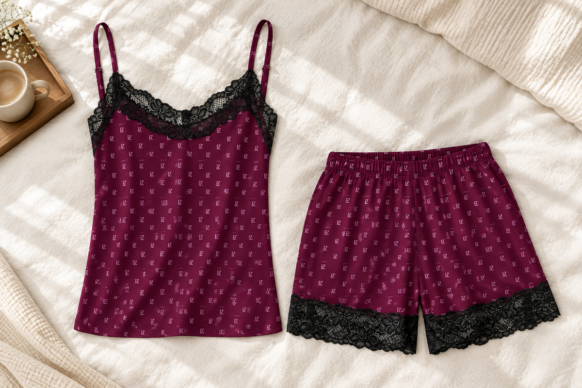 Burgundy pajama set bedroom flat lay