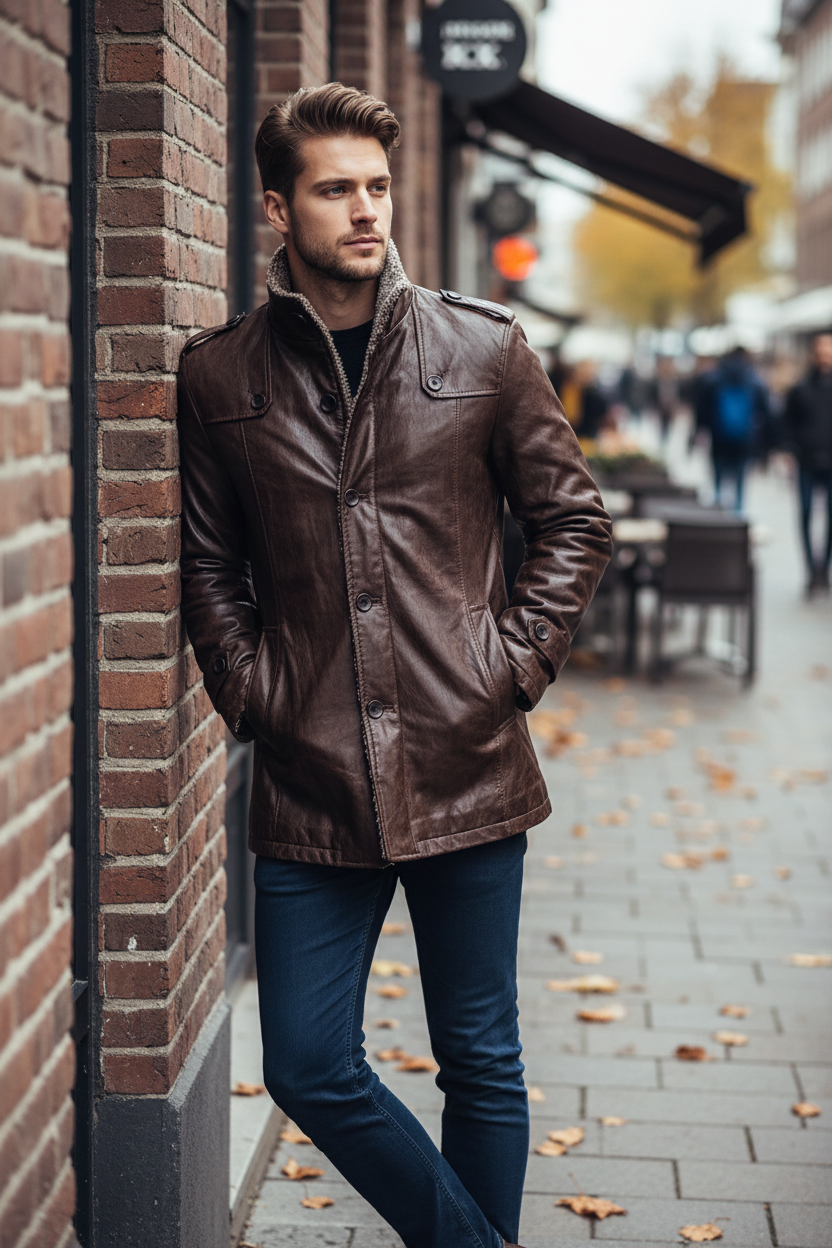 Cafe wall, jacket buttoned with collar up