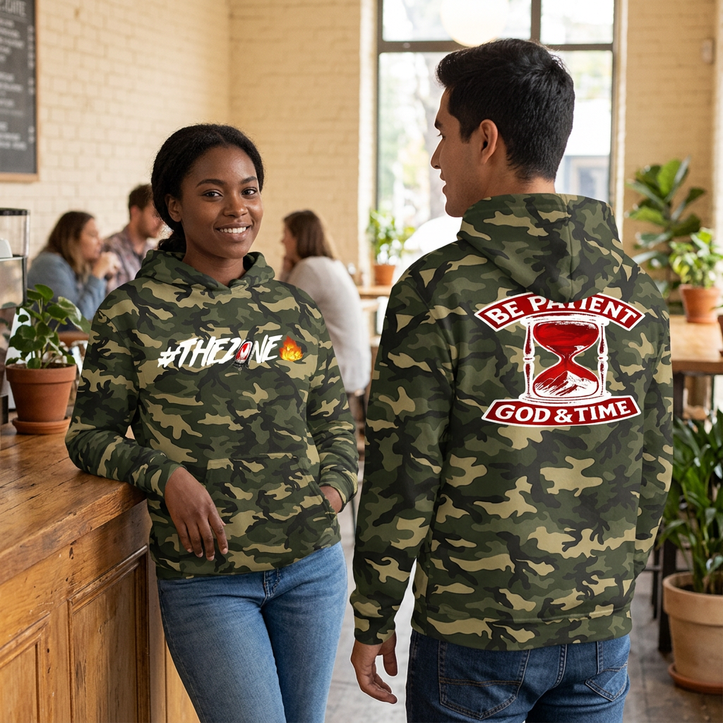 Camo hoodie café lifestyle image with woman showing the front and man showing the back