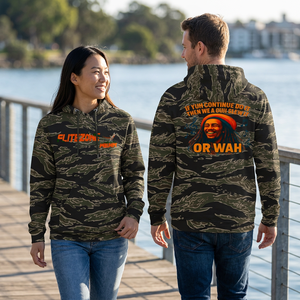Candid waterfront lifestyle image with woman showing the camo hoodie front and man showing the back