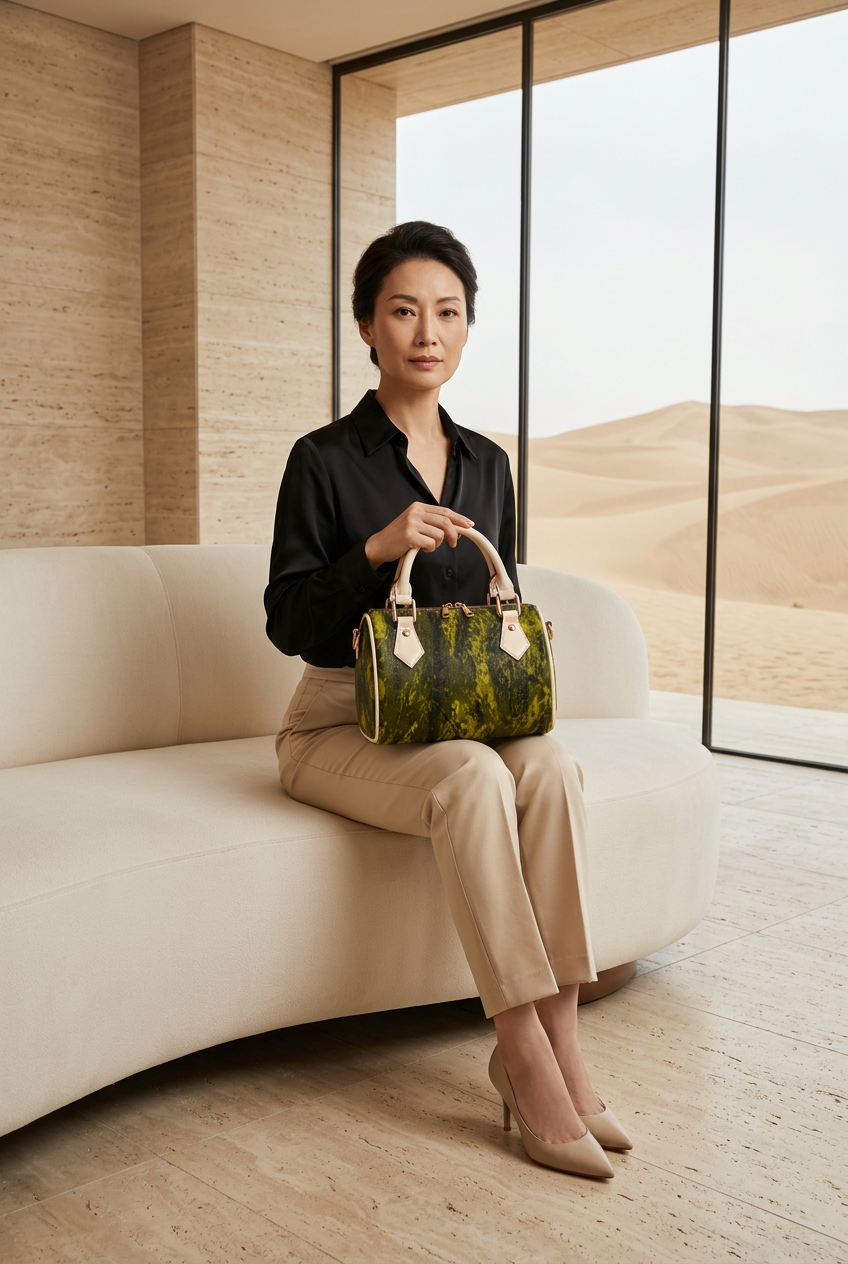 Chinese woman in silk and tailored trousers in a luxury desert resort suite