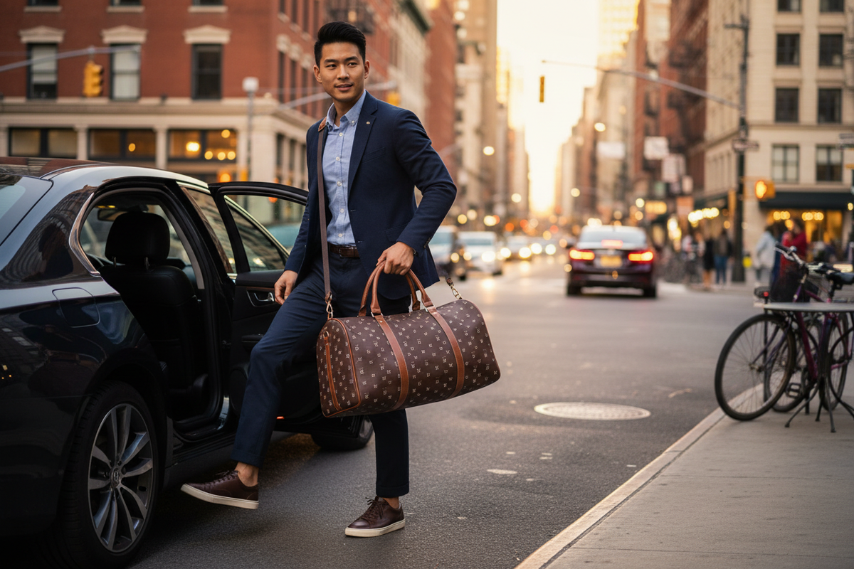 City street, duffel on shoulder strap
