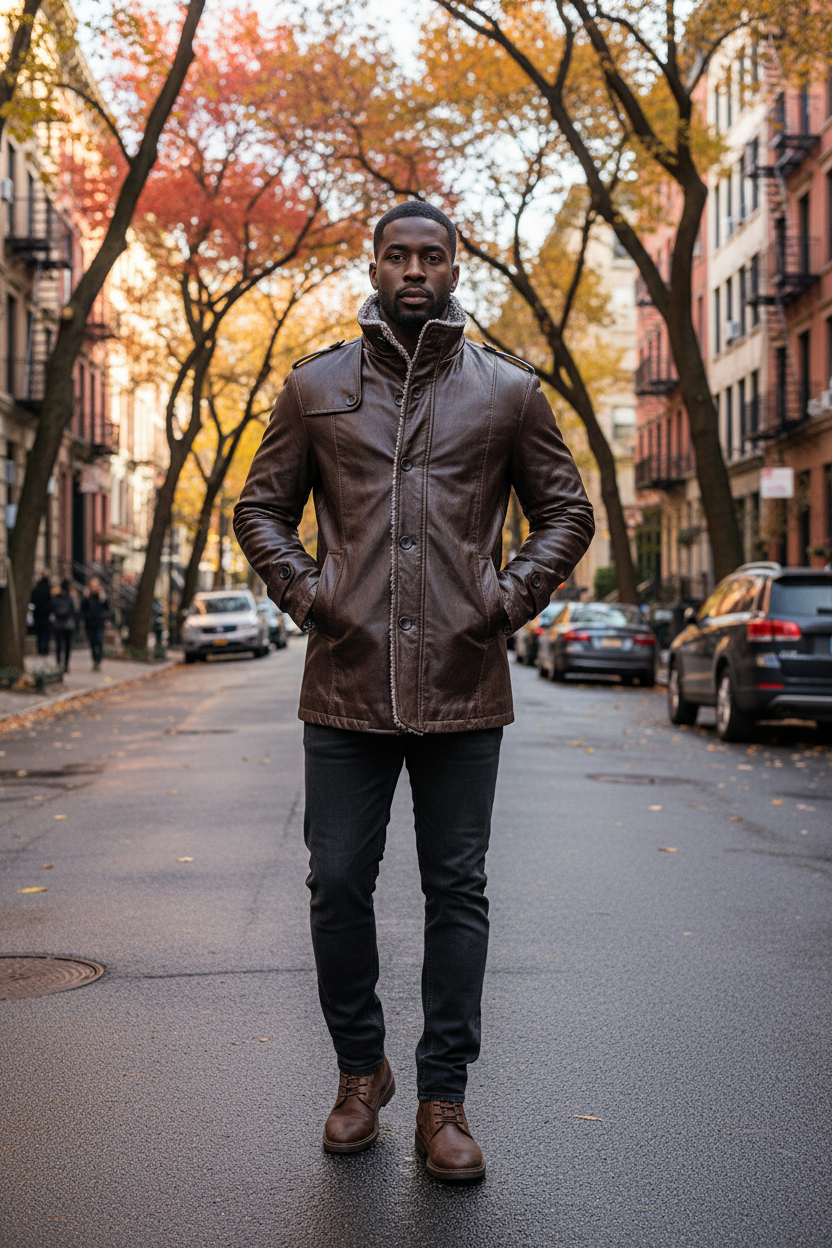 City street in the leather jacket