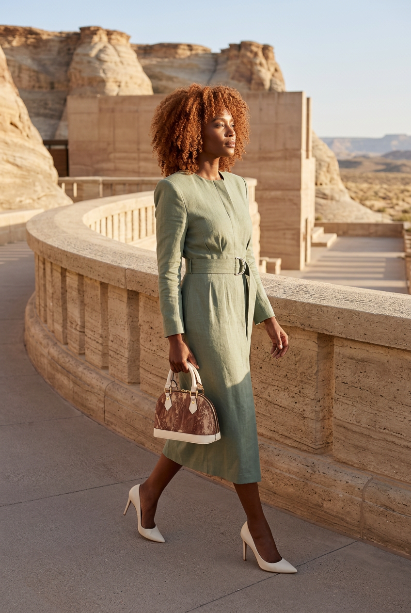 Cream-trim brown mini handbag at a desert resort